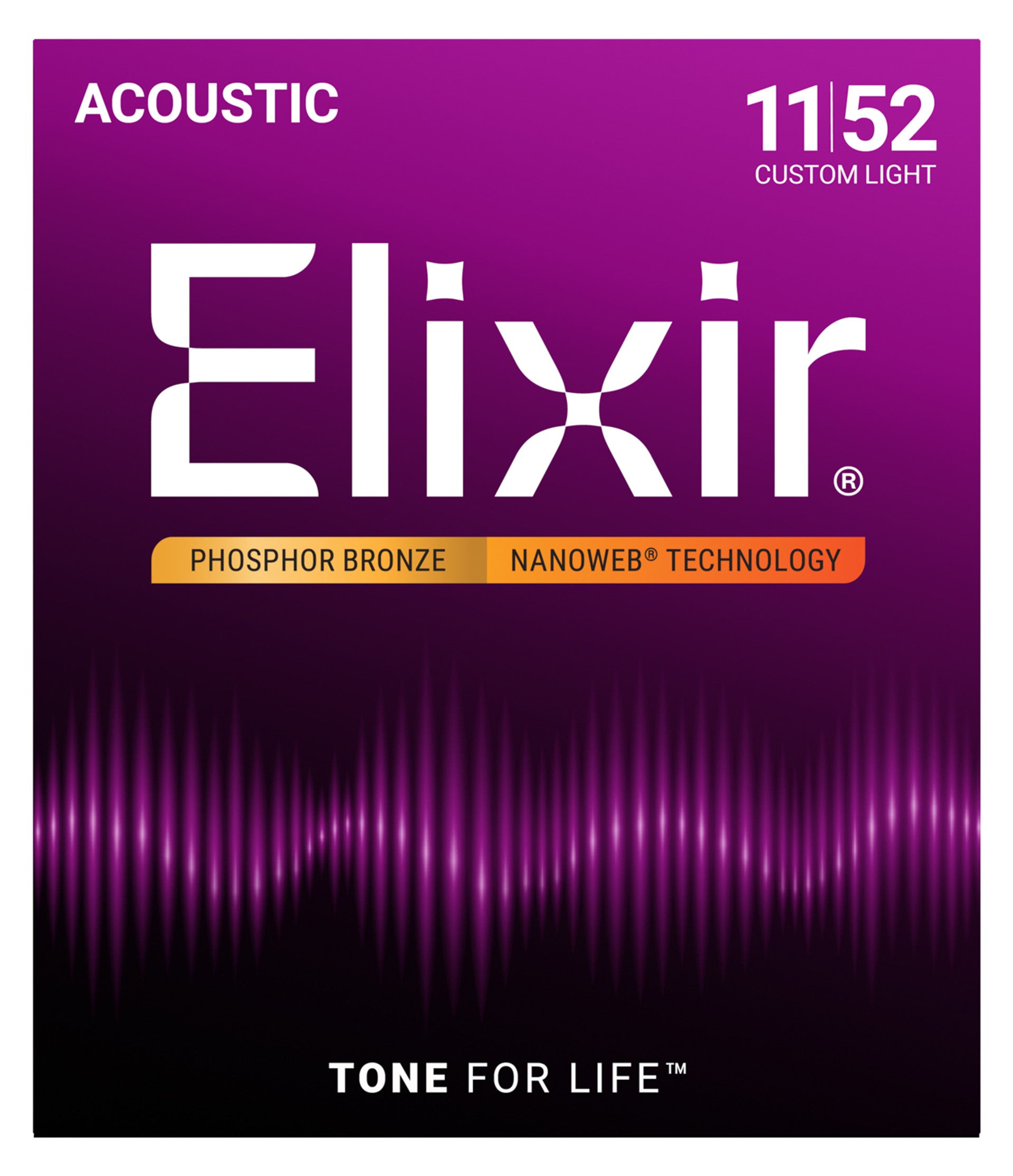 Elixir - Phosphor Bronze Acoustic Guitar Strings with NANOWEB Technology - Custom Light 11-52