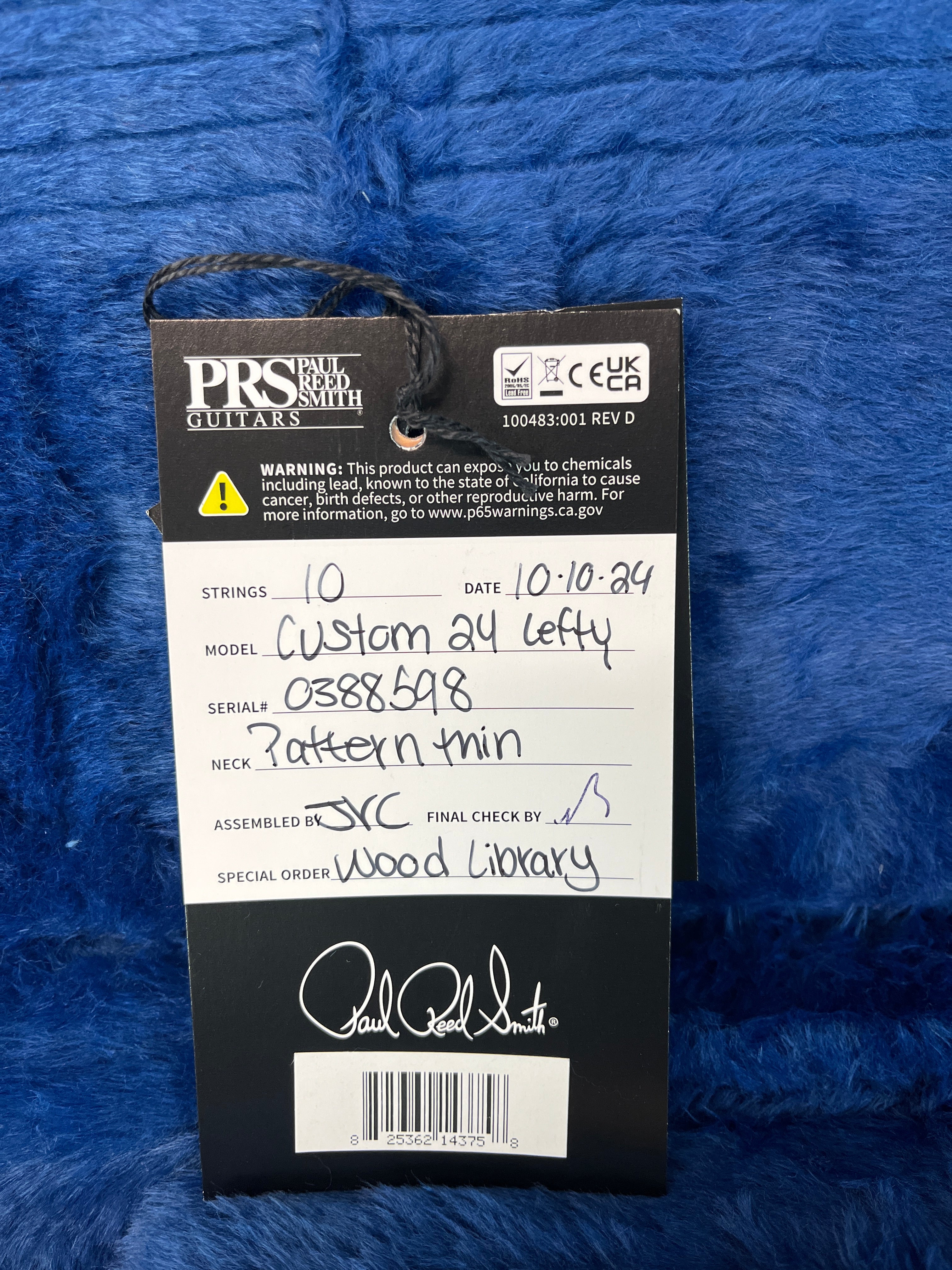 PRS Wood Library Custom 24, Left Handed, Maple Quilt 10-Top, Natural Finish, Ziricote Fingerboard, Paisley PRS Hardcase, 598