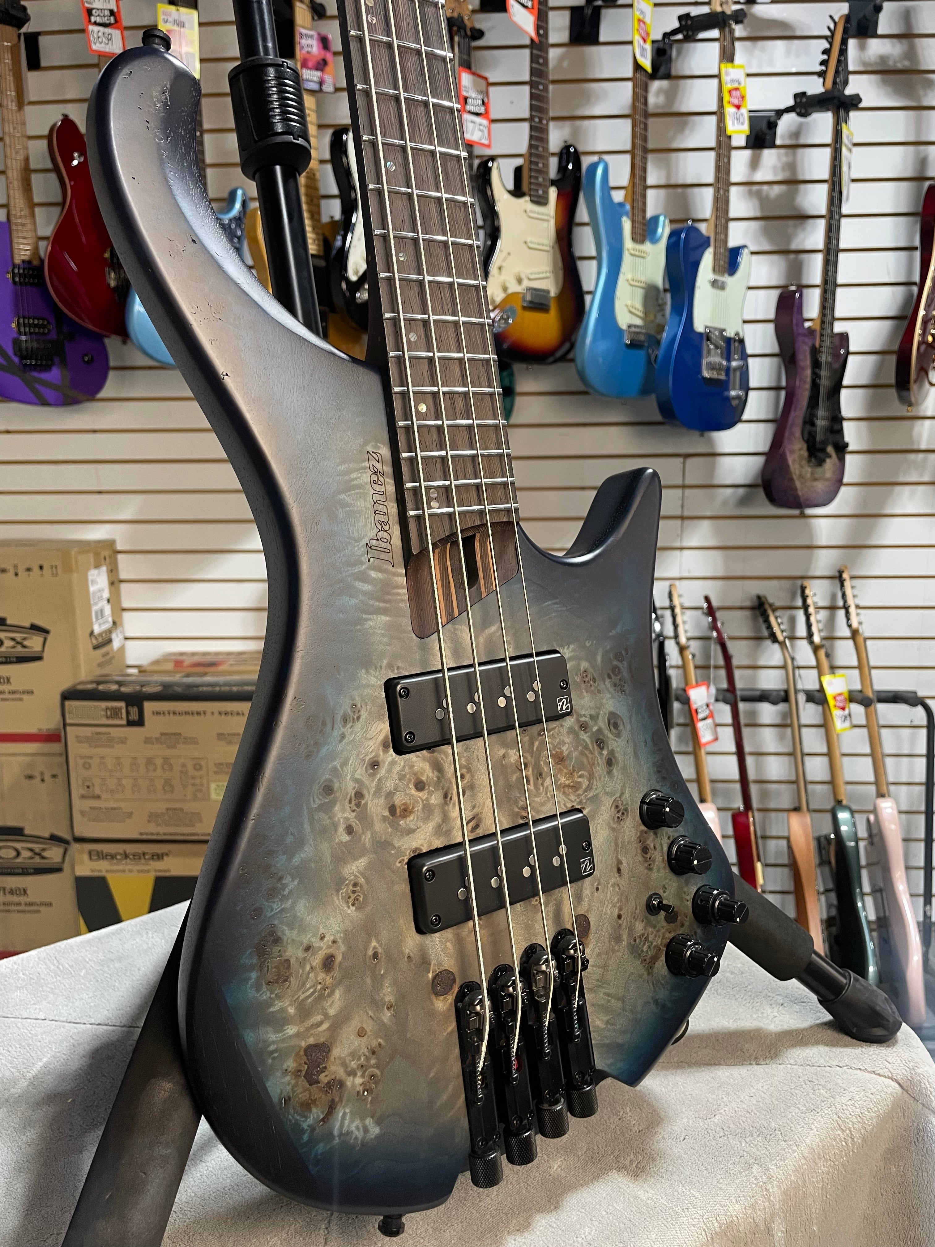 EHB Ergonomic Headless Bass Guitar - Cosmic Blue Starburst Flat #107 GET PLEK'D!