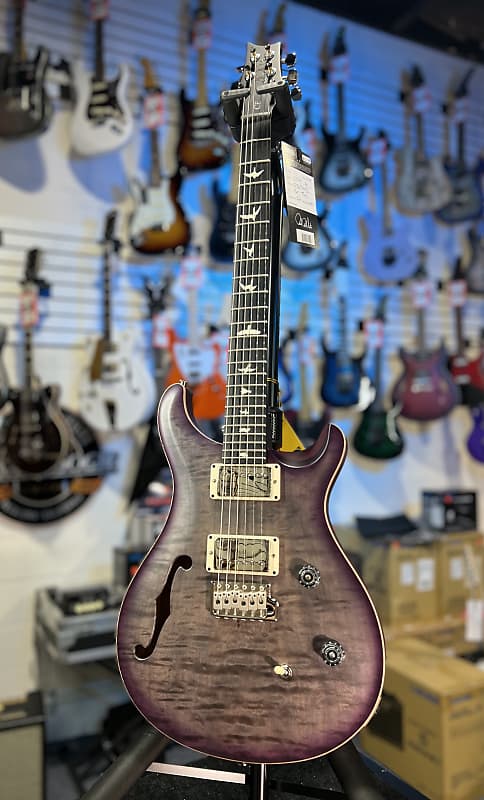 PRS CE 24 Semi-Hollow Electric Guitar - Satin Faded Gray Black Purple Burst w/ Purple Back, Ebony, 57/08 443 GET PLEK'D!