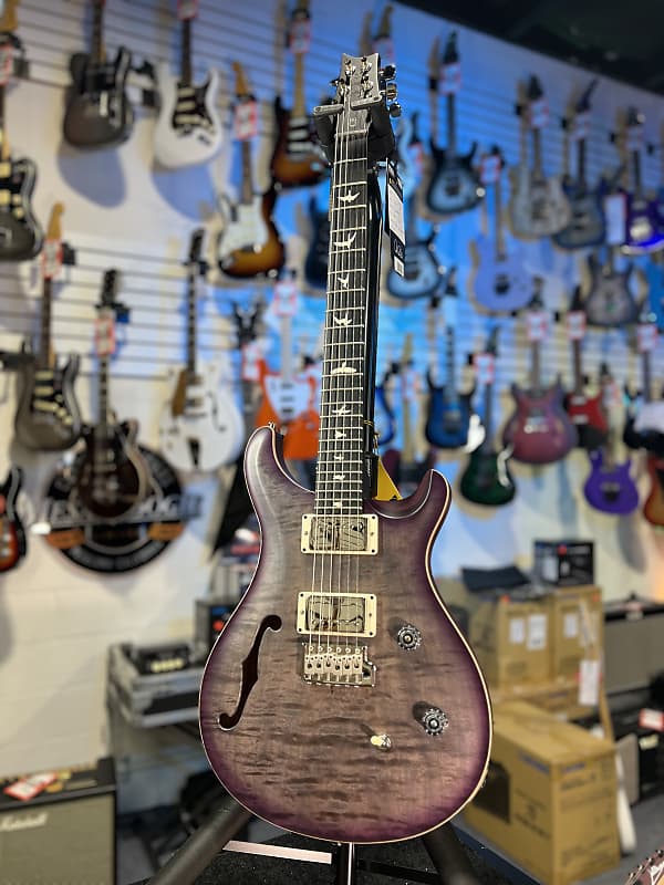PRS CE 24 Semi-Hollow Electric Guitar - Satin Faded Gray Black Purple Burst w/ Purple Back, Ebony, 57/08 443 GET PLEK'D!