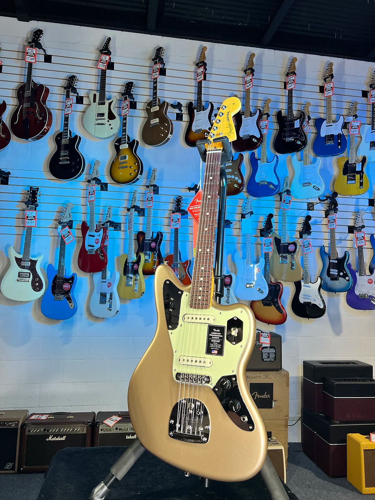 Fender American Professional Classic Jaguar Electric Guitar - Faded Firemist Gold w Gig Bag, Get Plek'd Free! 775