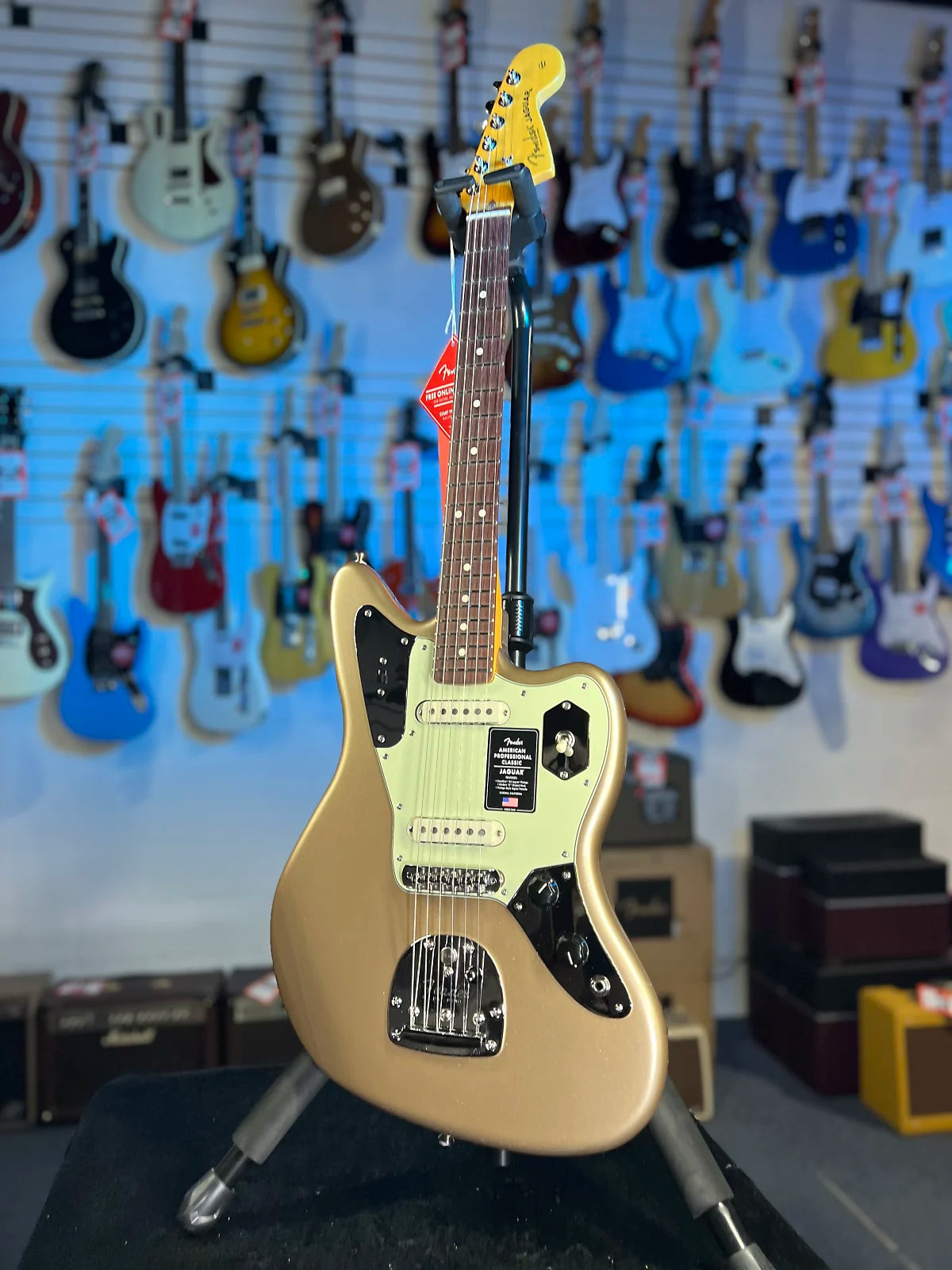 Fender American Professional Classic Jaguar Electric Guitar - Faded Firemist Gold w Gig Bag, Get Plek'd Free! 775