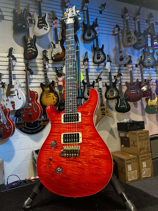 PRS Wood Library Custom 24 Lefty, One Piece Top, 10-Top Orange w Red Back, PRS Case Get Plekd 091