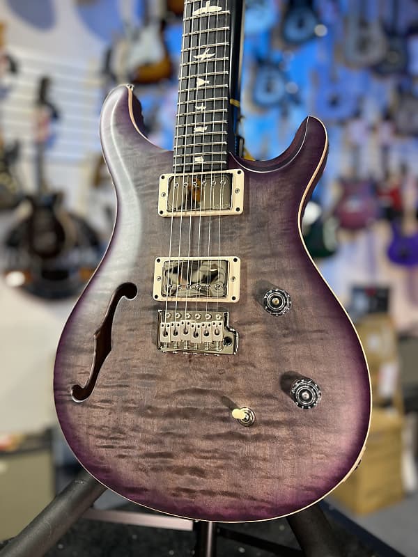 PRS CE 24 Semi-Hollow Electric Guitar - Satin Faded Gray Black Purple Burst w/ Purple Back, Ebony, 57/08 443 GET PLEK'D!
