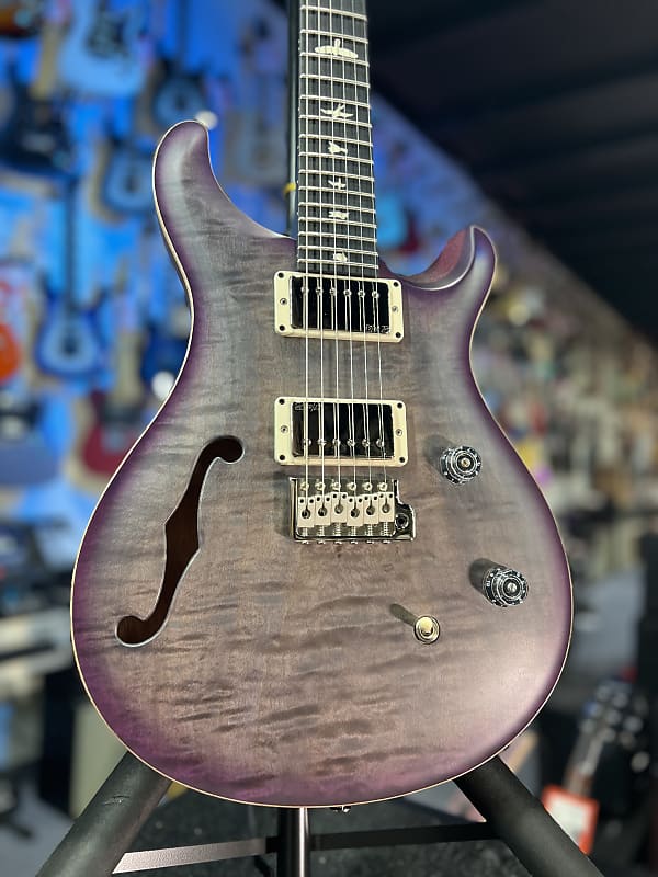 PRS CE 24 Semi-Hollow Electric Guitar - Satin Faded Gray Black Purple Burst w/ Purple Back, Ebony, 57/08 443 GET PLEK'D!