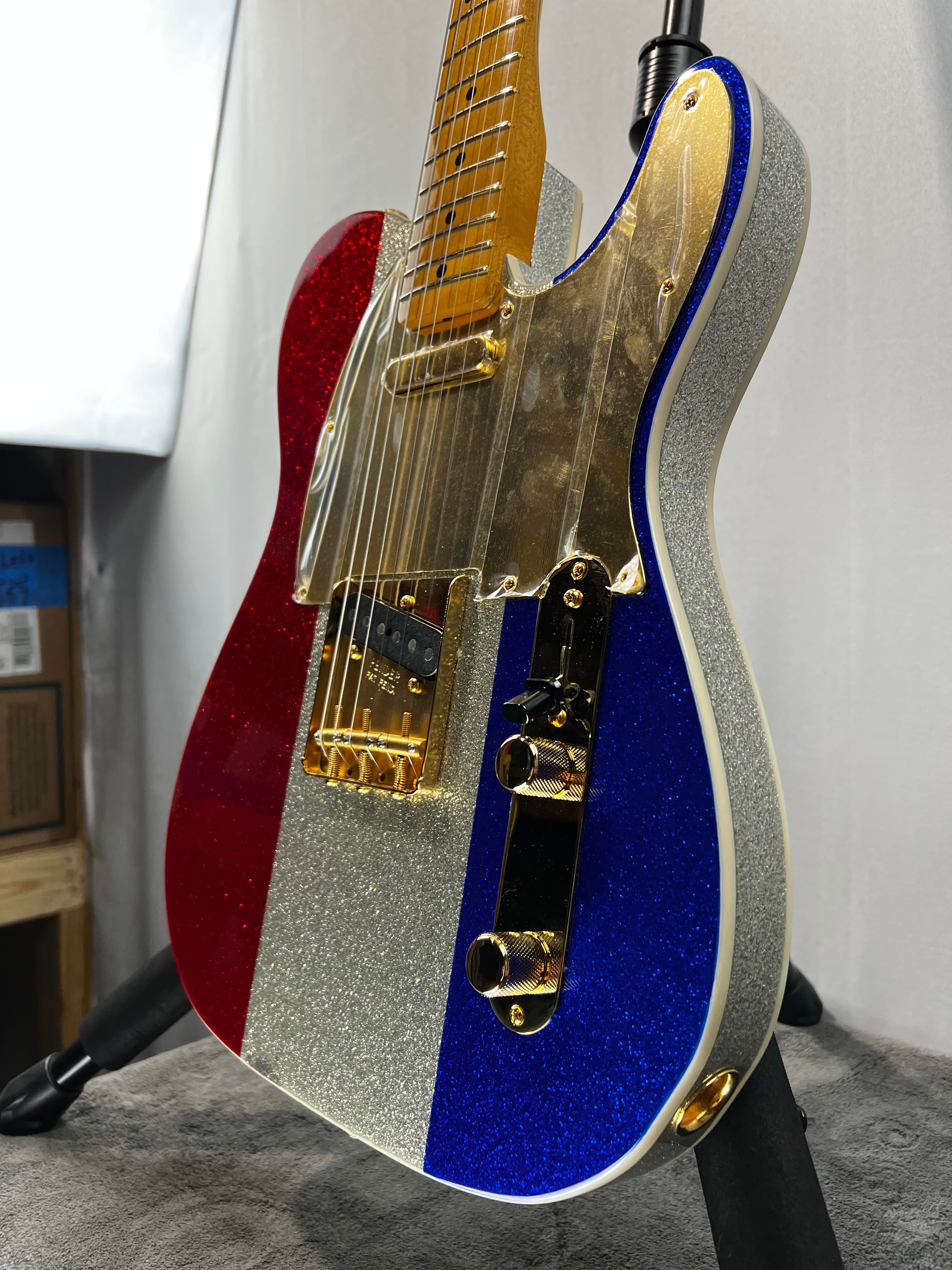 Limited-edition Buck Owens Telecaster Electric Guitar - Red, Silver, and Blue Sparkle #244