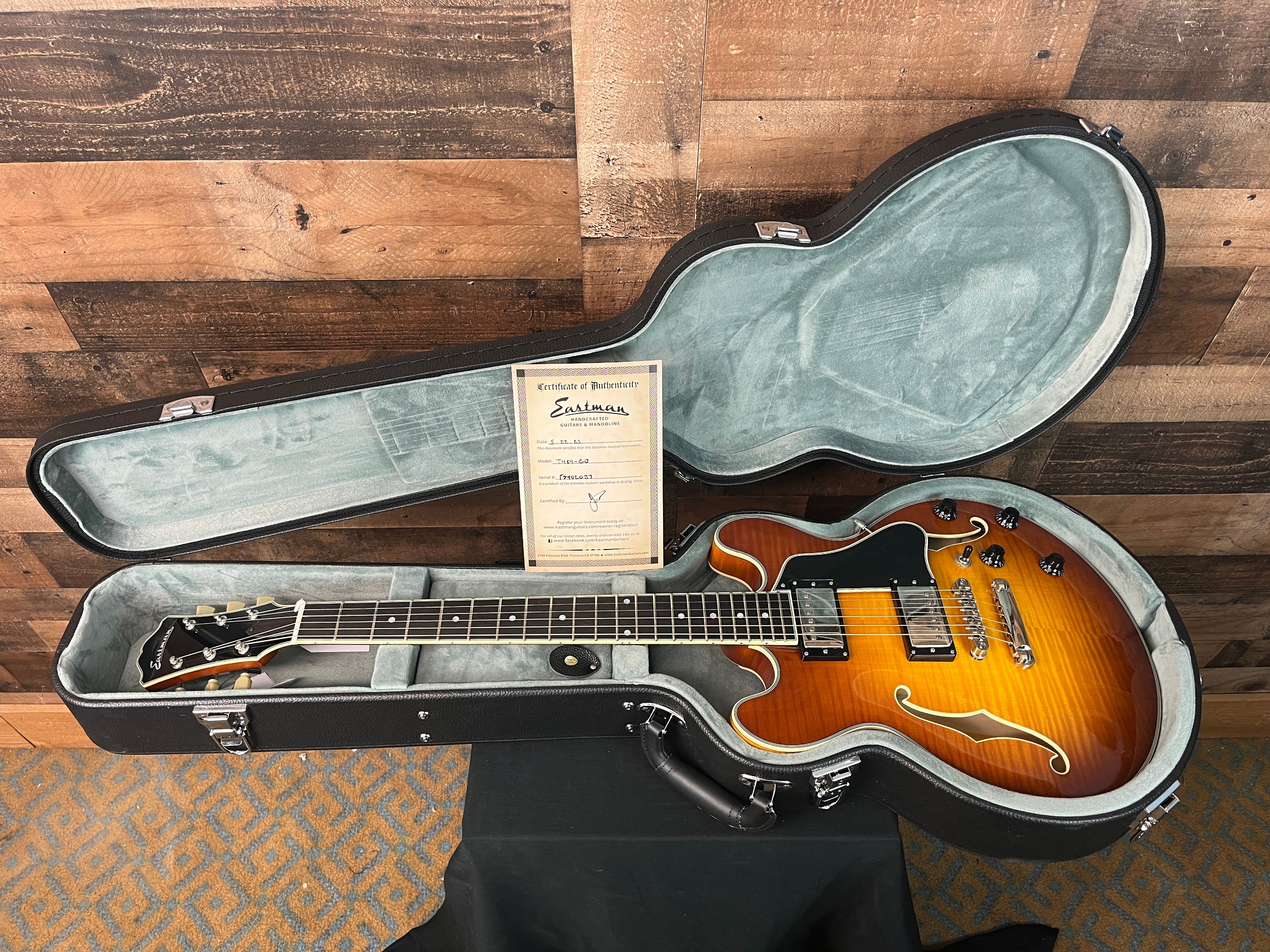 Eastman T484 Semi-Hollow Electric Guitar, Goldburst, Hard Case, 037