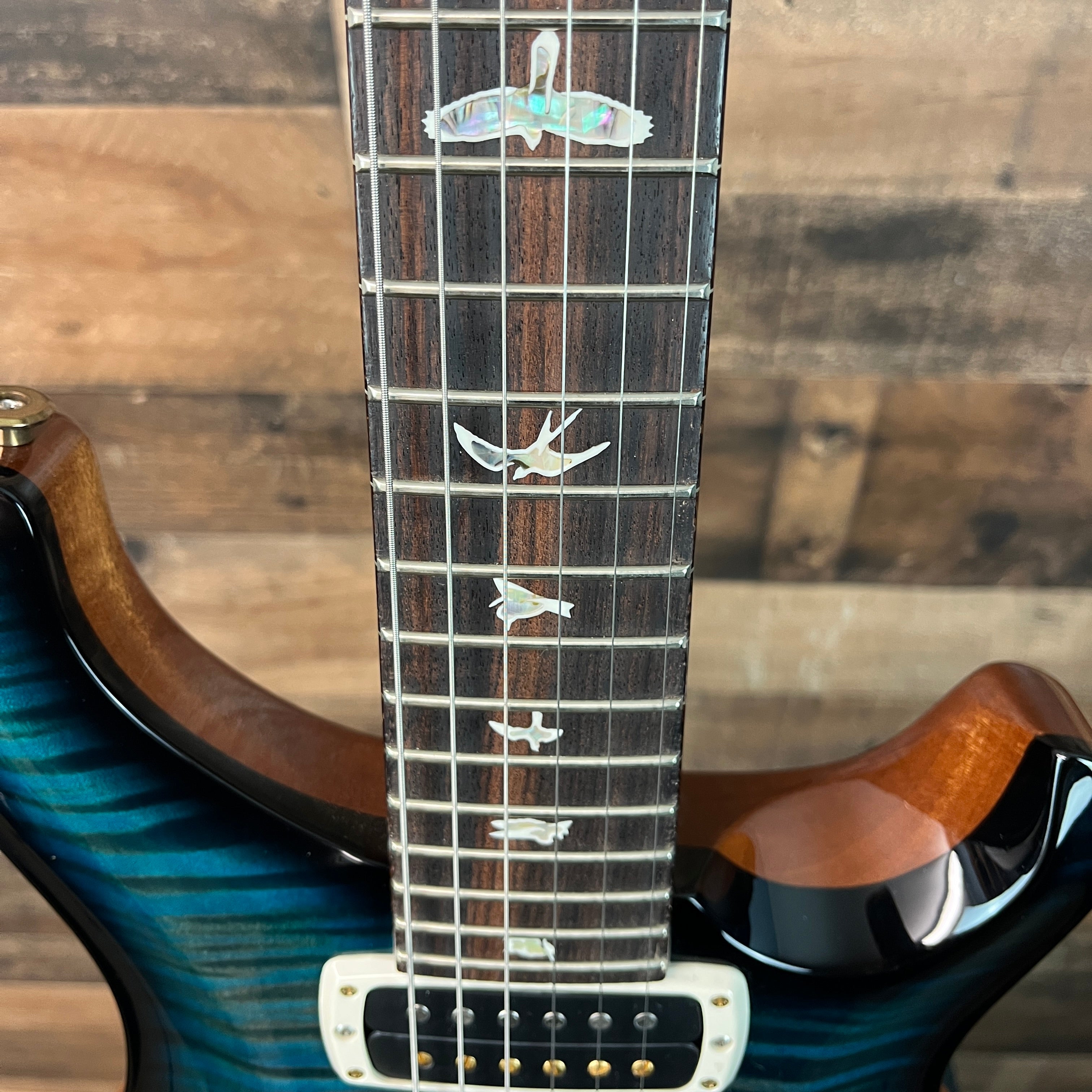 Custom 24-08 Electric Guitar, 10-top, BLEM, Custom Color, Aquableux, Smoke Wrap Burst, Natural Back, Hardcase, 203