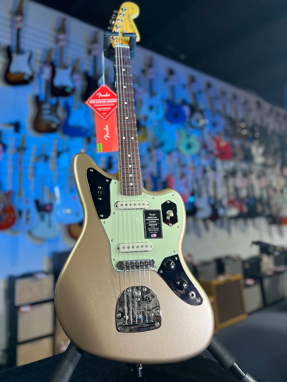 Fender American Professional Classic Jaguar Electric Guitar - Faded Firemist Gold w Gig Bag, Get Plek'd Free! 775