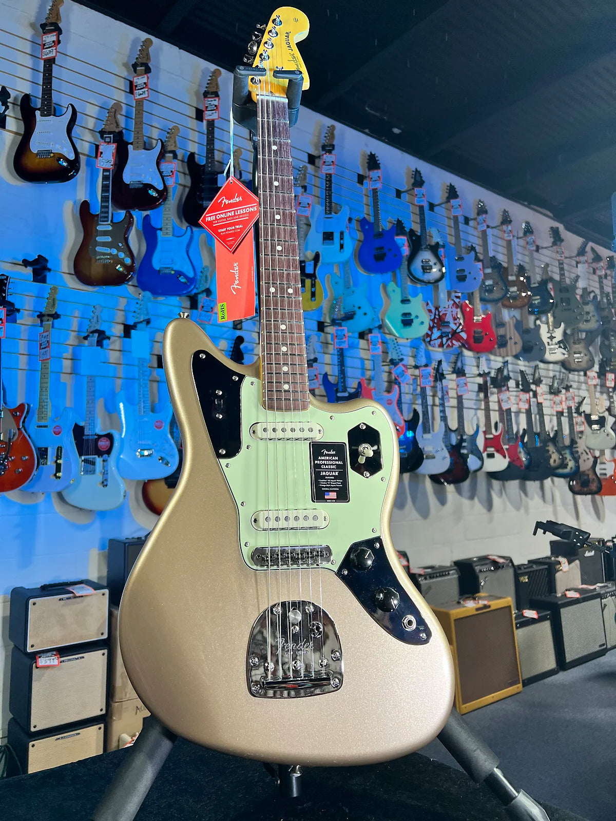 Fender American Professional Classic Jaguar Electric Guitar - Faded Firemist Gold w Gig Bag, Get Plek'd Free! 775